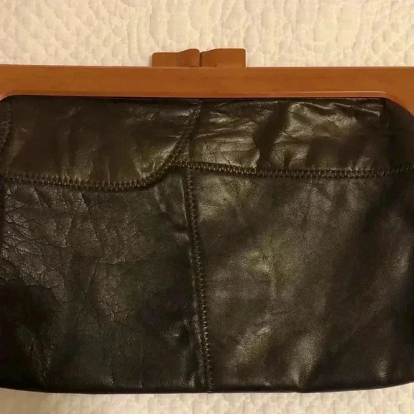 1970s vintage brown leather patchwork clutch.  Made in Hong Kong. - Picture 2 of 11